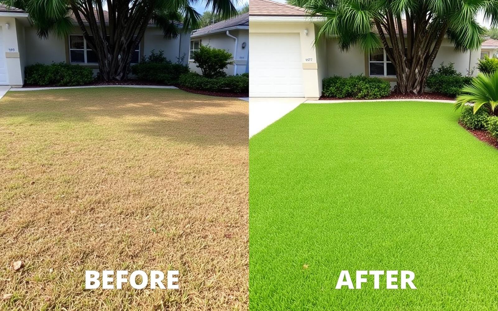 Before and after photo of a patchy weed-filled lawn replaced with fresh green sod